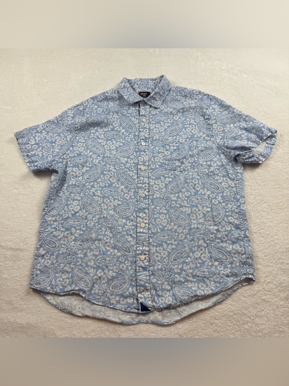 Untuckit turner placid-blues-SS linen shirt men’s size L blue paisley floral
